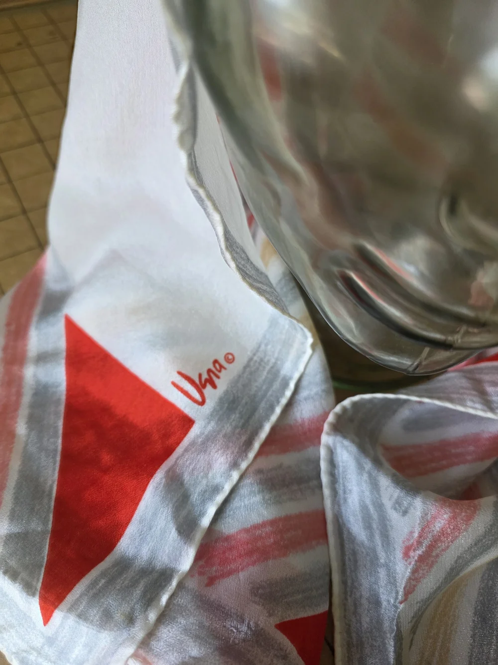 Vintage Vana Silk Scarf  Red Gray Beige Geometric Square Hand Rolled Hem Mod